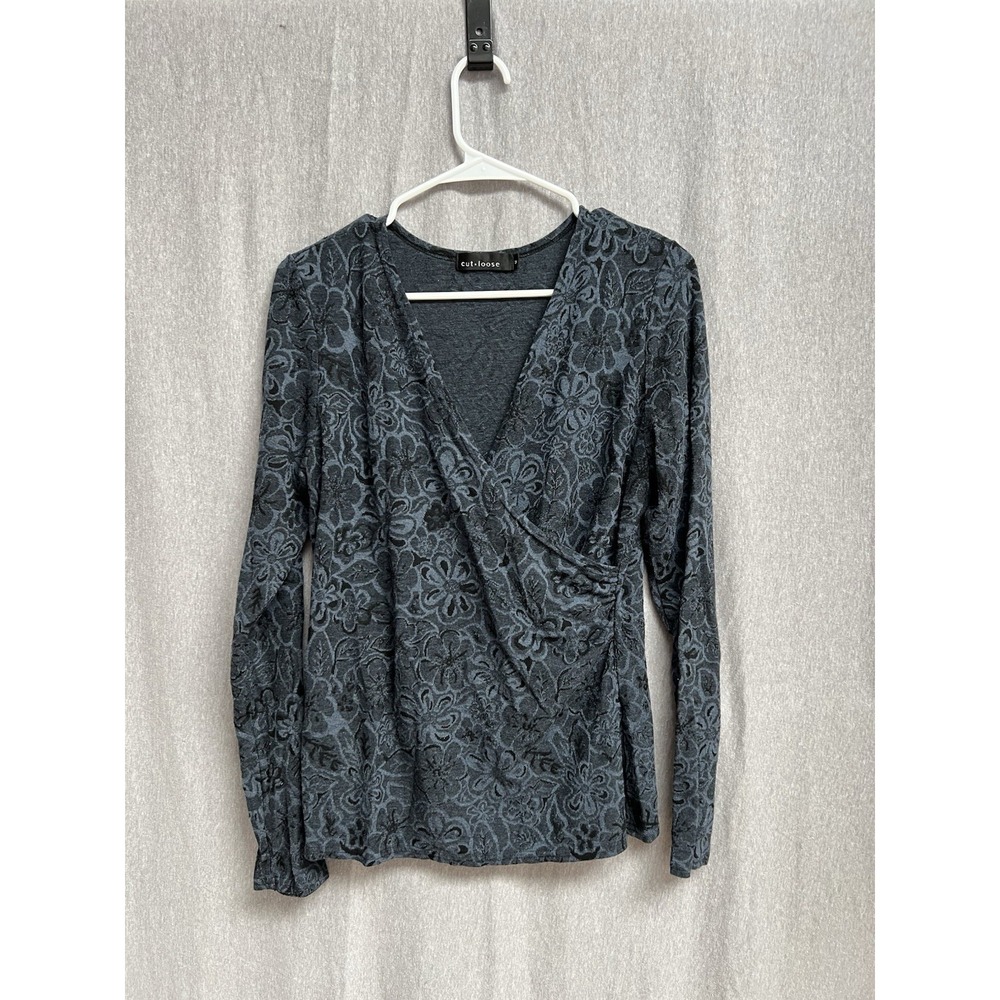 Cut Loose Sz M Faux Wrap Top Textured Blue Gray Floral Long Sleeves V Neck